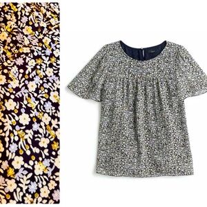 J. CREW Chiffon Silk Gold Metallic Black & White Blouse Floral Top